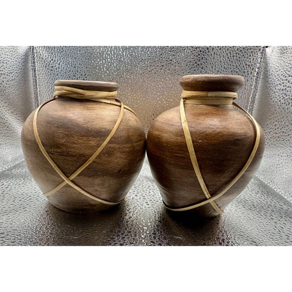 Vintage Boho 4" Terracotta Vases Set 2 Rattan Wicker Wrapped Mini Clay Pots